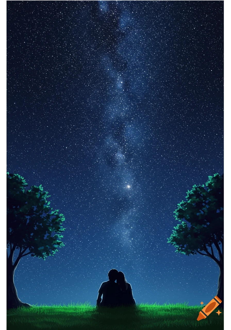 Illustration of a couple sitting on grass, silhouetted against a starry night sky with the Milky Way, framed by two trees.
