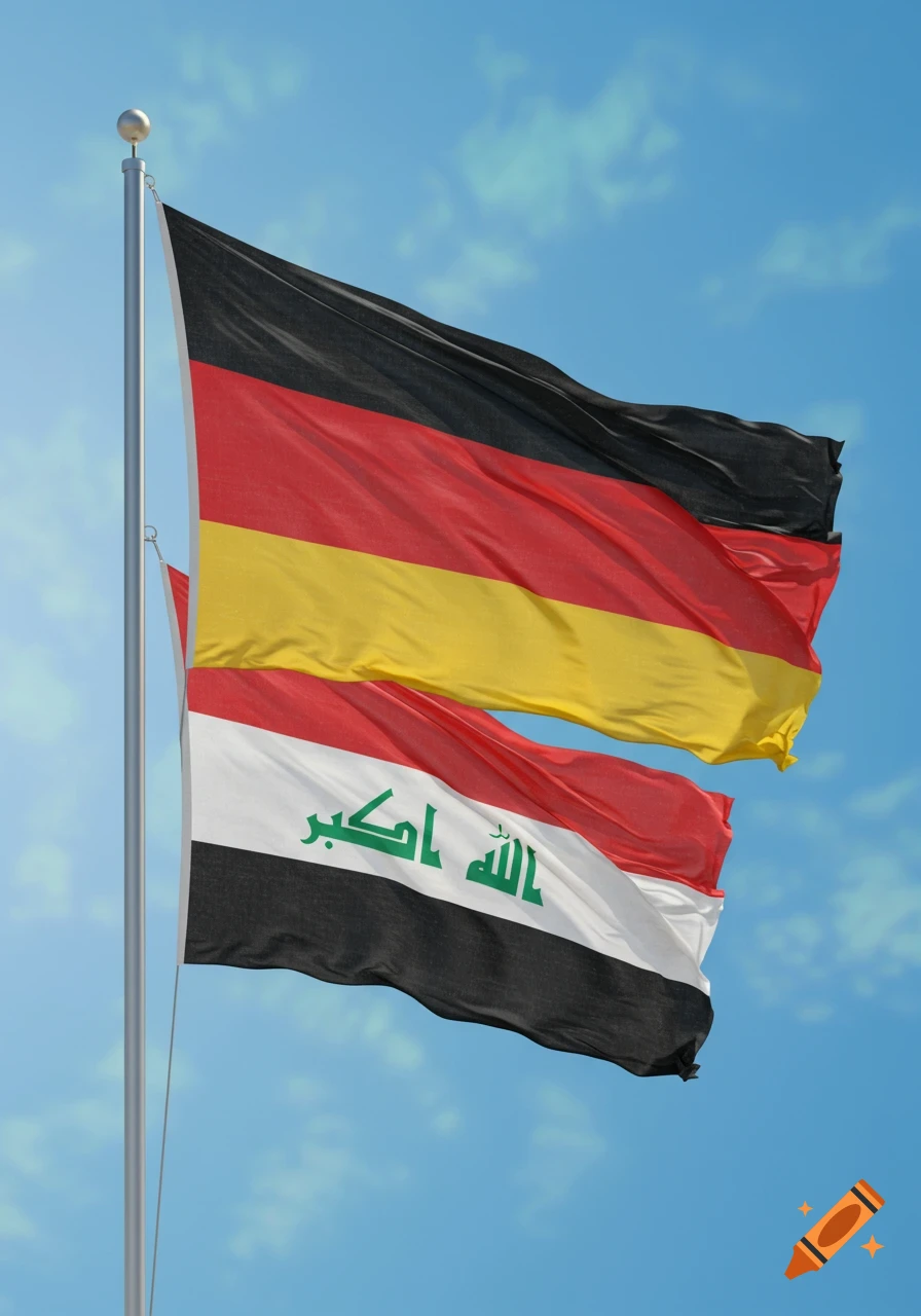 Flags of Germany and Iraq flying together on a flagpole under a blue sky.