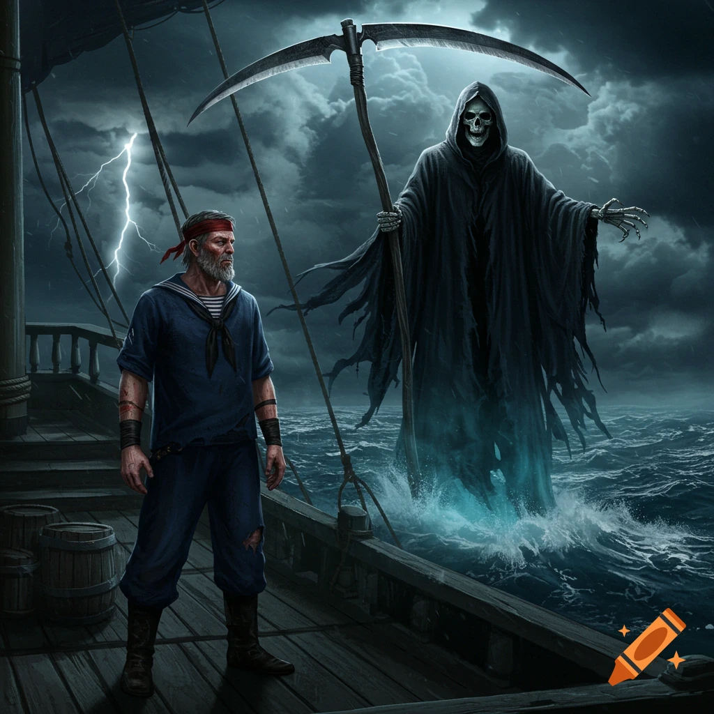 A grizzled sailor on a stormy ship deck confronts the spectral Grim Reaper wielding a scythe, under dark clouds and lightning.