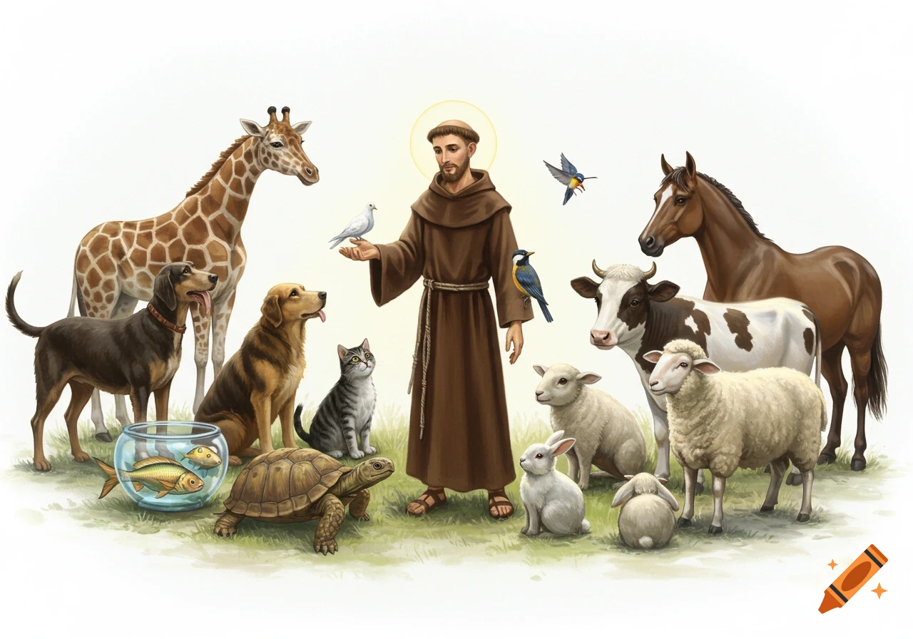 Illustrated depiction of Saint Francis in a brown robe, surrounded by a giraffe, dogs, a cat, birds, fish, a turtle, rabbits, a cow, sheep, and a horse on grass with a white background.