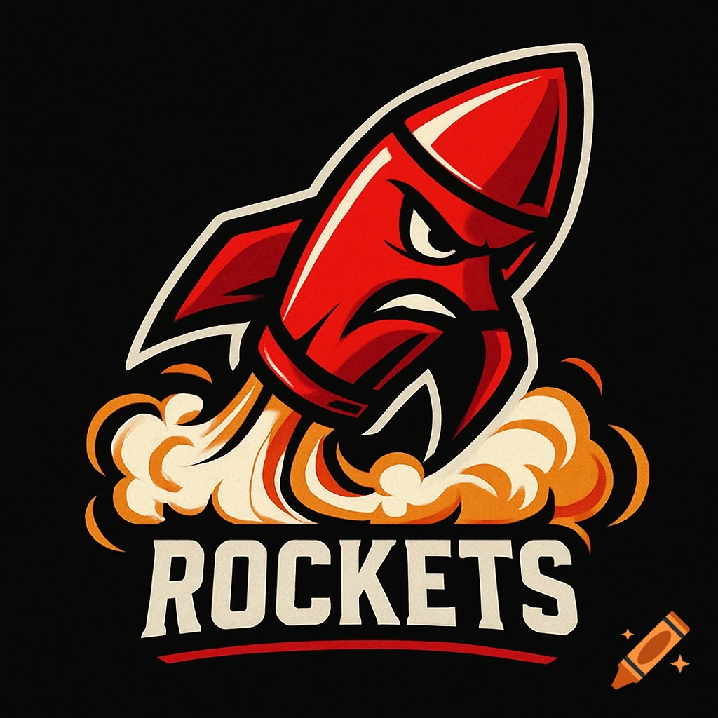 Cartoon red rocket logo with an angry face, launching with an orange and white smoke trail, and the word 'ROCKETS' below it on a black background.
