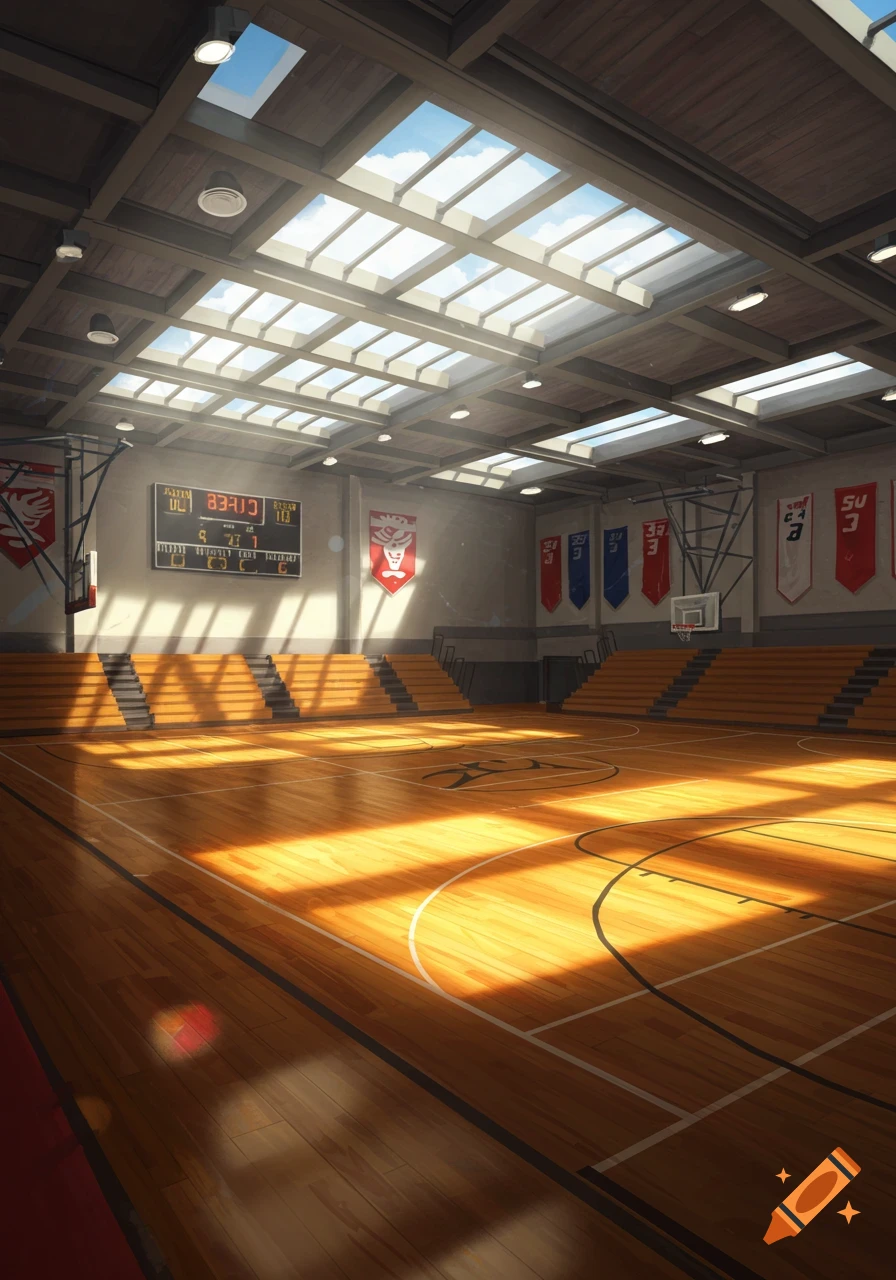 An empty, sunlit indoor basketball court with wooden floors, bleachers, a scoreboard, and banners under a skylight.
