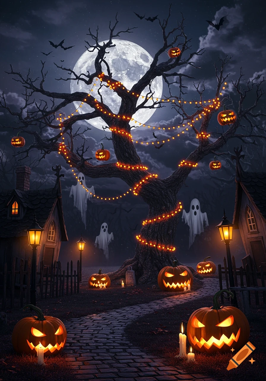 Spooky Halloween night with a full moon, haunted tree with pumpkin lights, flying bats, ghosts, jack-o'-lanterns, and creepy houses.