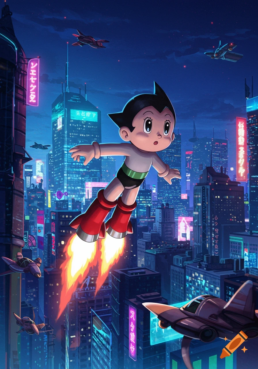 Astro Boy flying over a futuristic neon-lit city at night, with flying vehicles and tall skyscrapers.