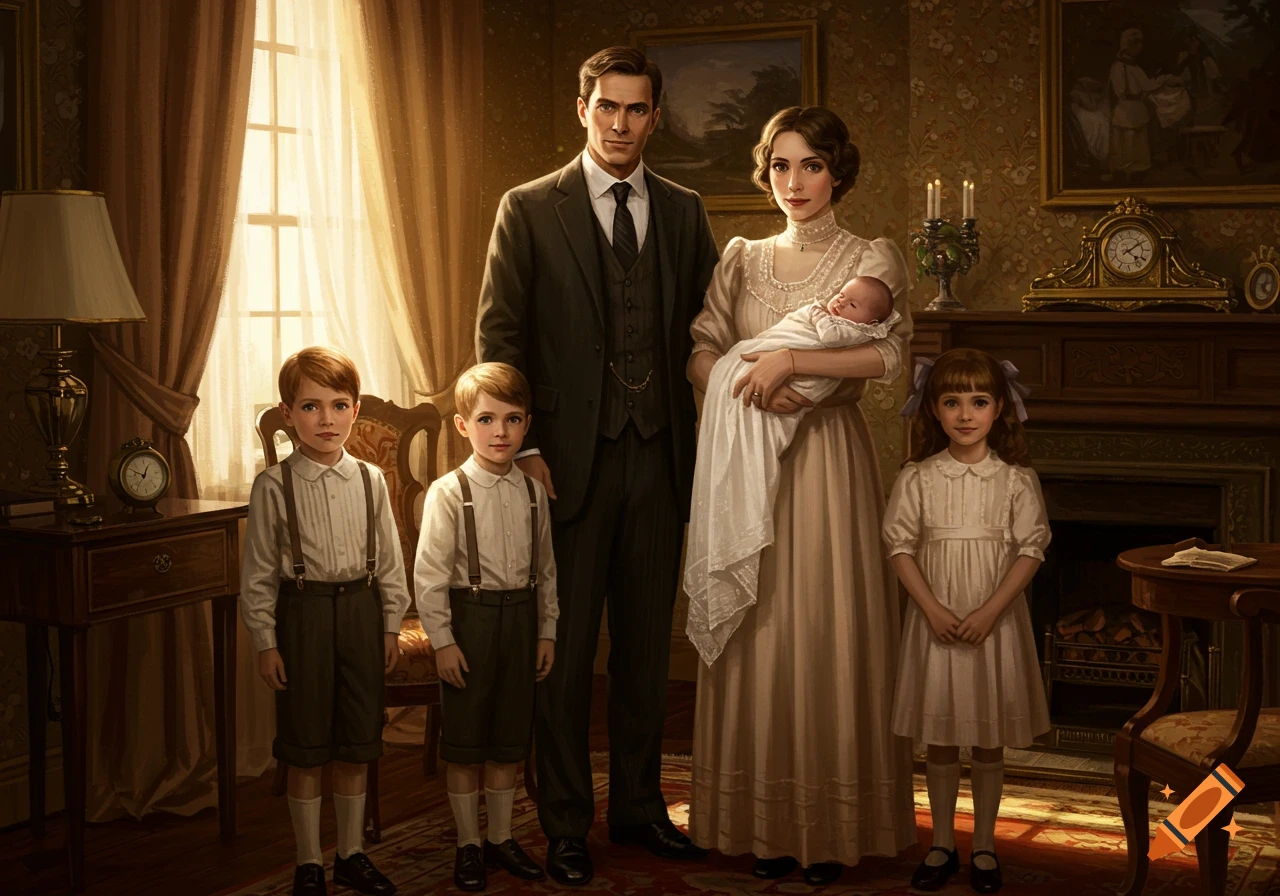 A vintage portrait of a family with parents, three young children, and a baby, standing in a richly decorated room.