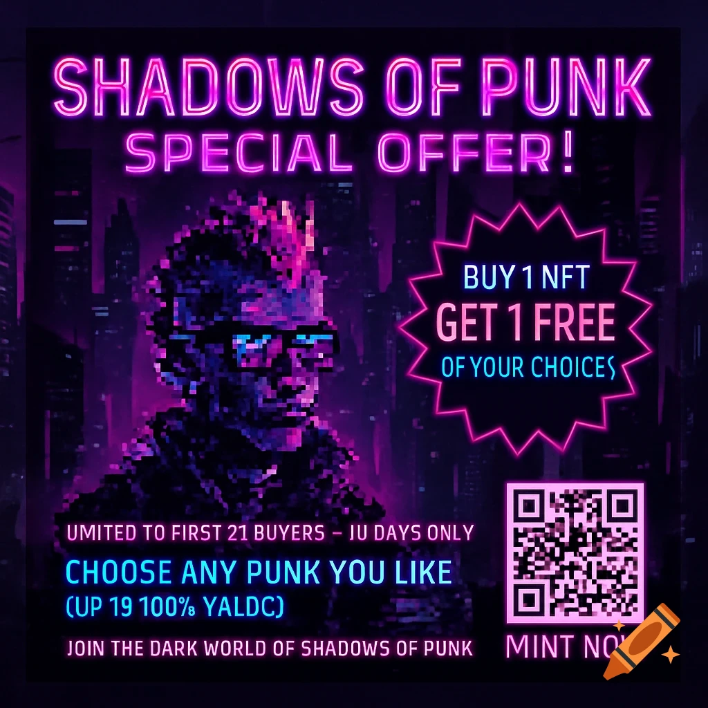 A dark cyberpunk pixel art NFT promotional banner with neon pink and blue text, featuring a pixelated punk character, a QR code, and text about a special offer.