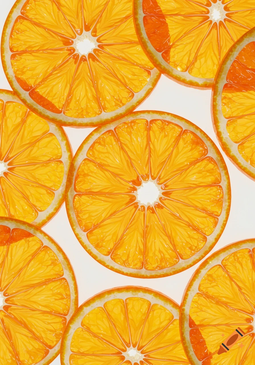 Photorealistic close-up of translucent orange slices elegantly arranged on a pure white background.