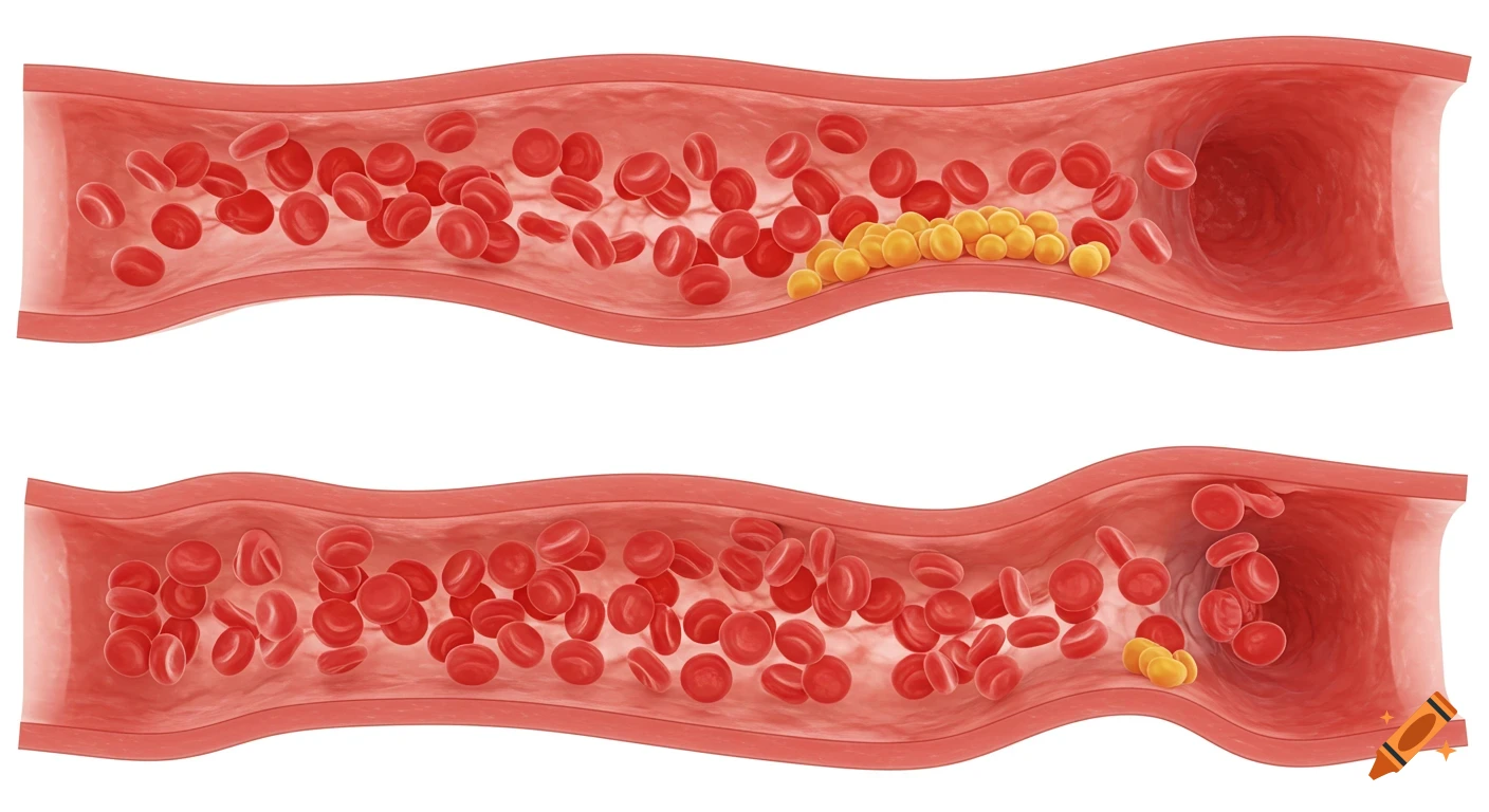 3D illustration of two blood vessels, one with red blood cells and a large yellow cholesterol plaque obstructing flow, and another with less obstruction.