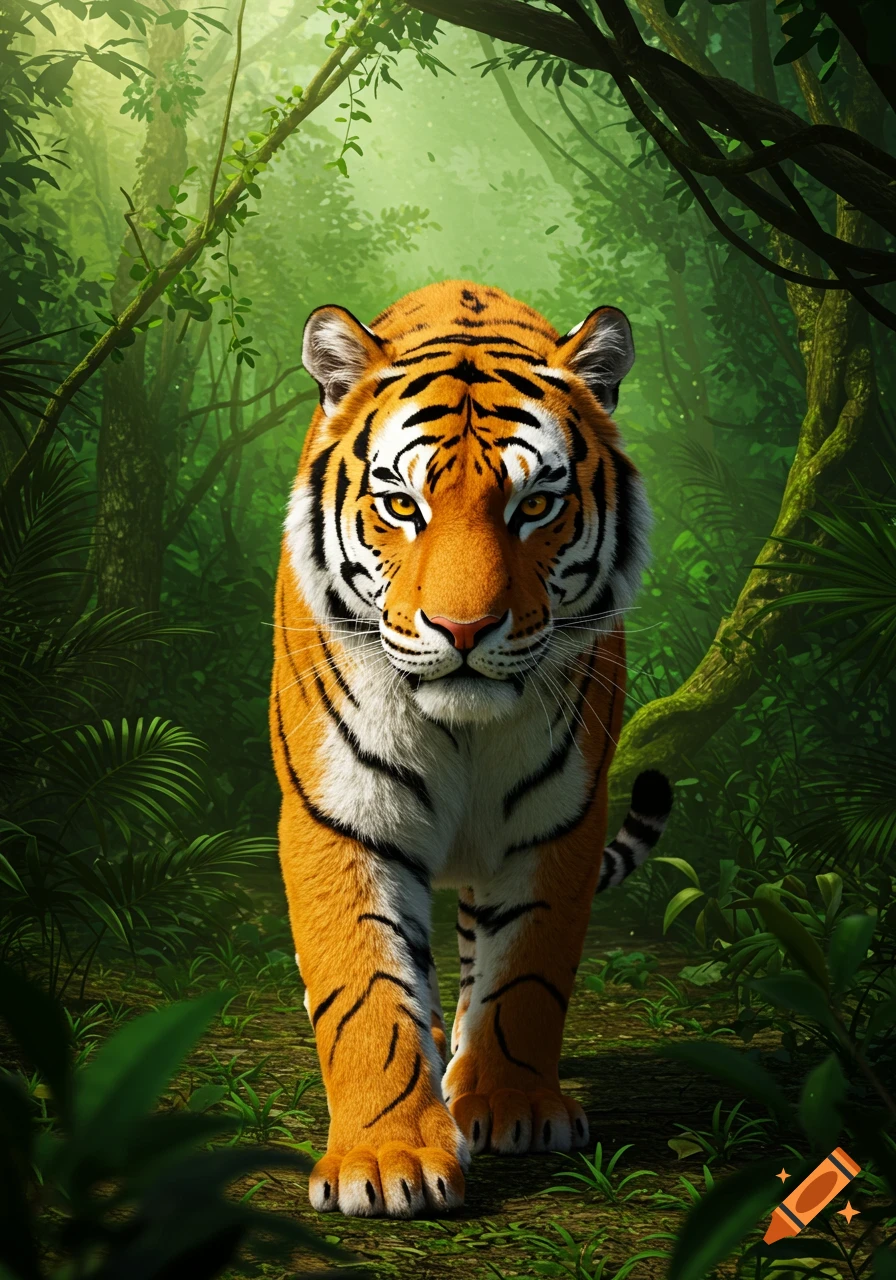 A majestic orange and black striped tiger walks through a dense green jungle.