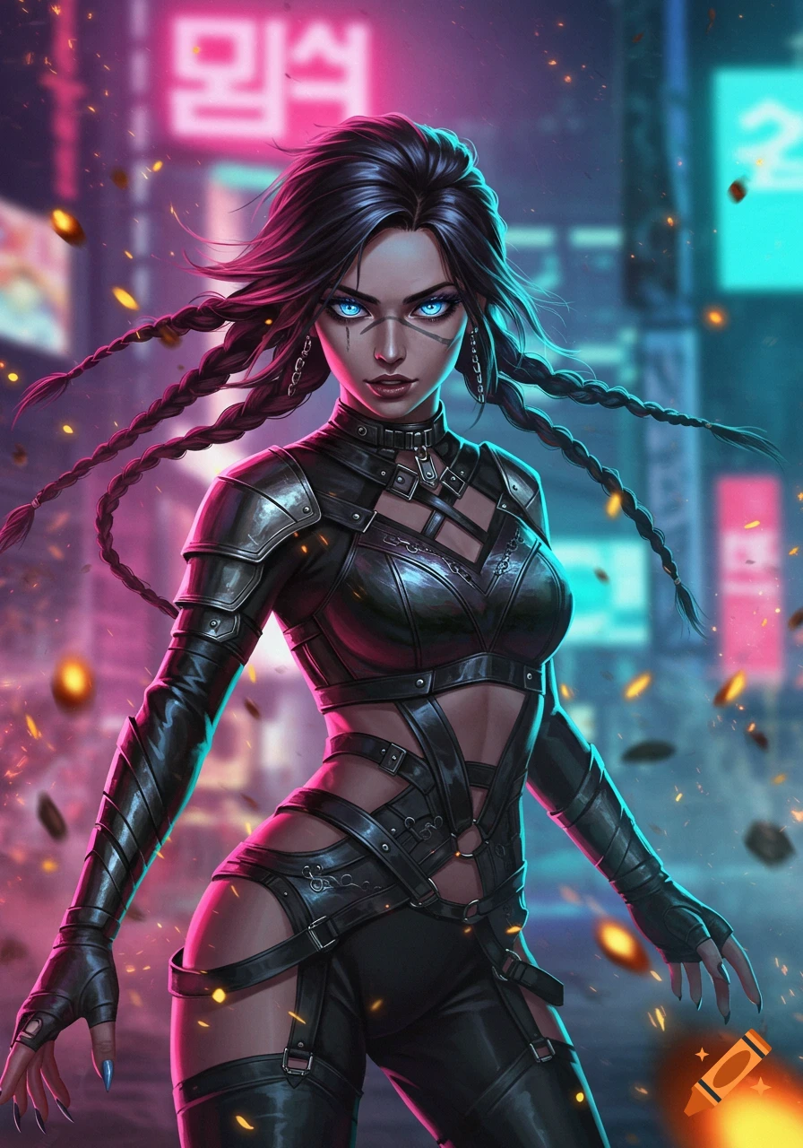 A fierce woman with braids and glowing blue eyes in black armor, standing against a neon-lit cyberpunk city background.