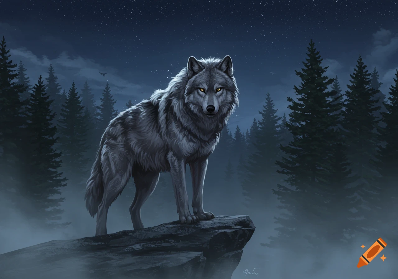 A majestic grey wolf with glowing yellow eyes stands on a rock in a misty forest under a starry night.