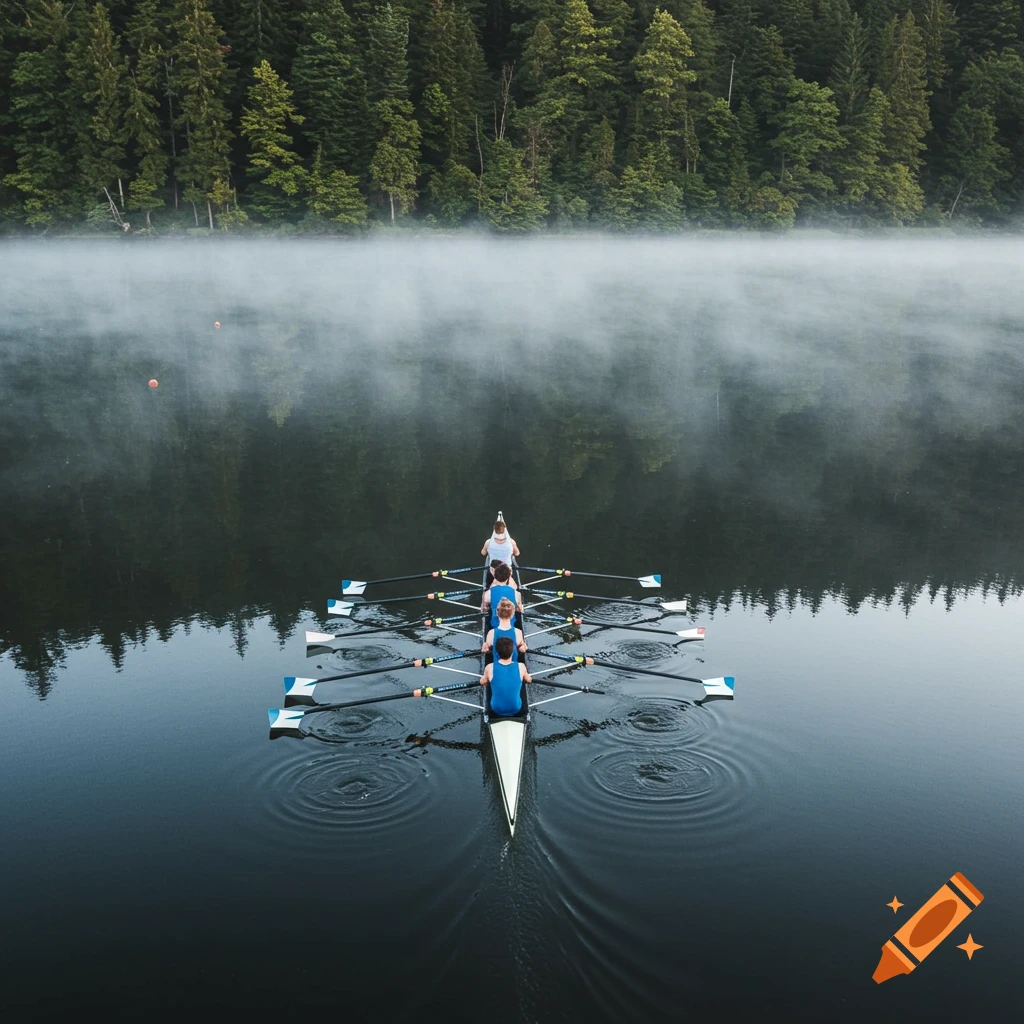 Aerial view of a five-person rowing crew in a white boat on a misty dark lake, surrounded by a dense green forest.