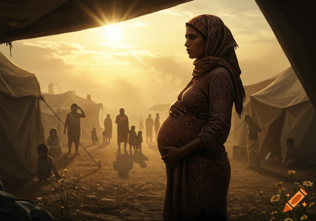 A pregnant woman in a headscarf stands, holding her belly, looking out over a dusty refugee camp at sunset.