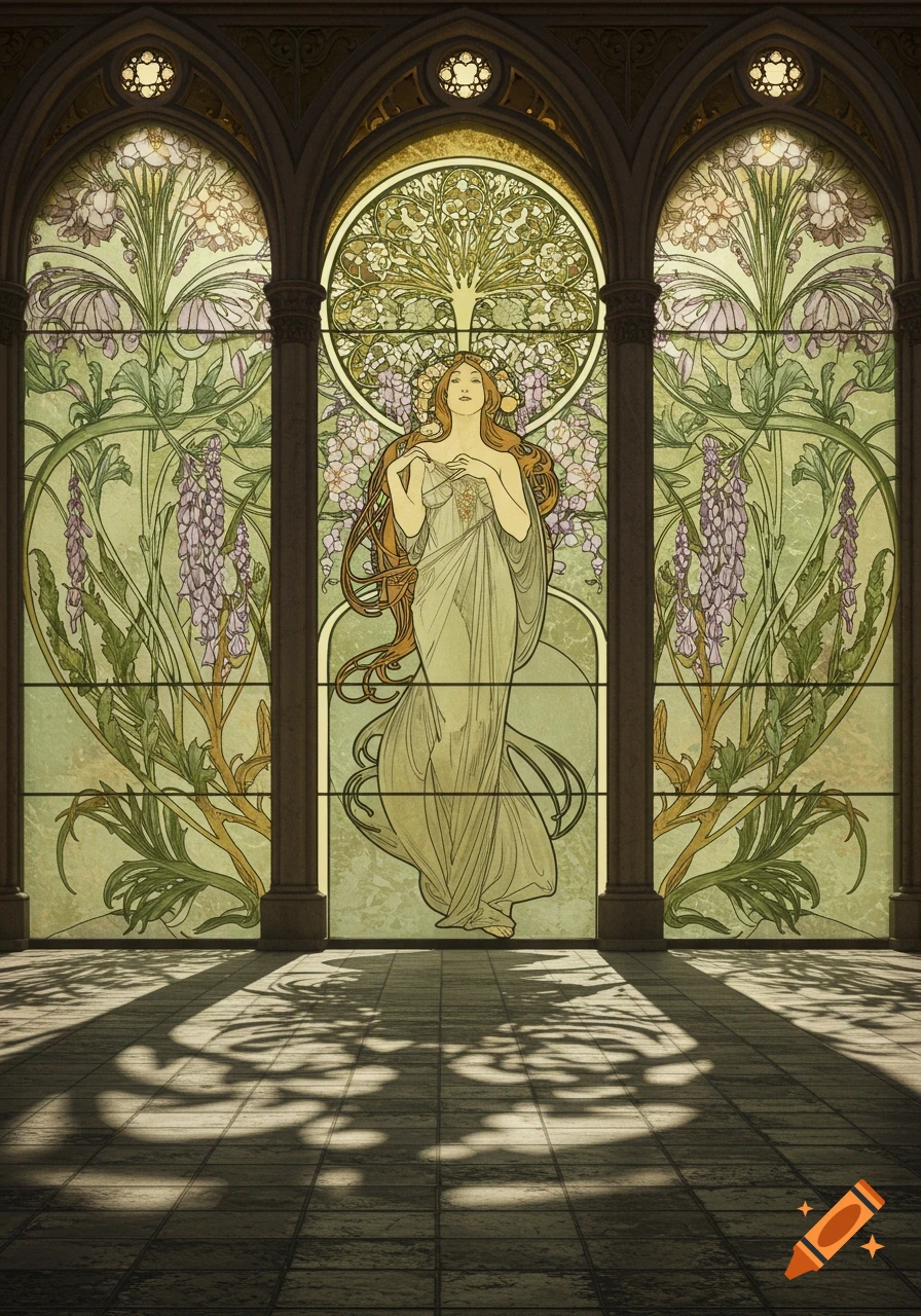 An ornate Art Nouveau stained glass window depicting a woman with flowing hair and floral patterns, casting light and shadows on a tiled floor.