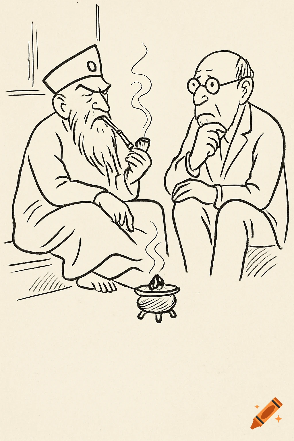 A satirical line drawing of an angry elderly leader with a long beard smoking a pipe and explaining something to a thoughtful intellectual man in glasses.