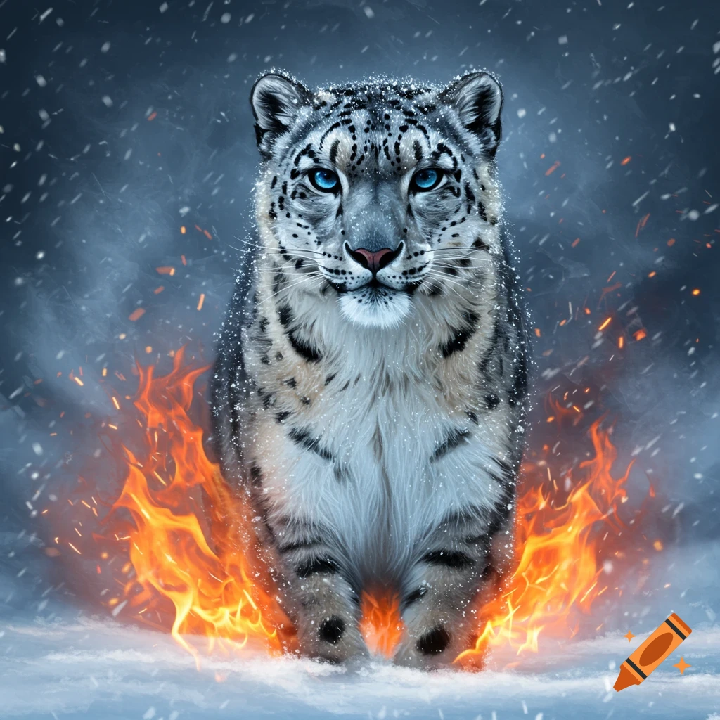 A majestic snow leopard with piercing blue eyes stands in falling snow, encircled by flames.