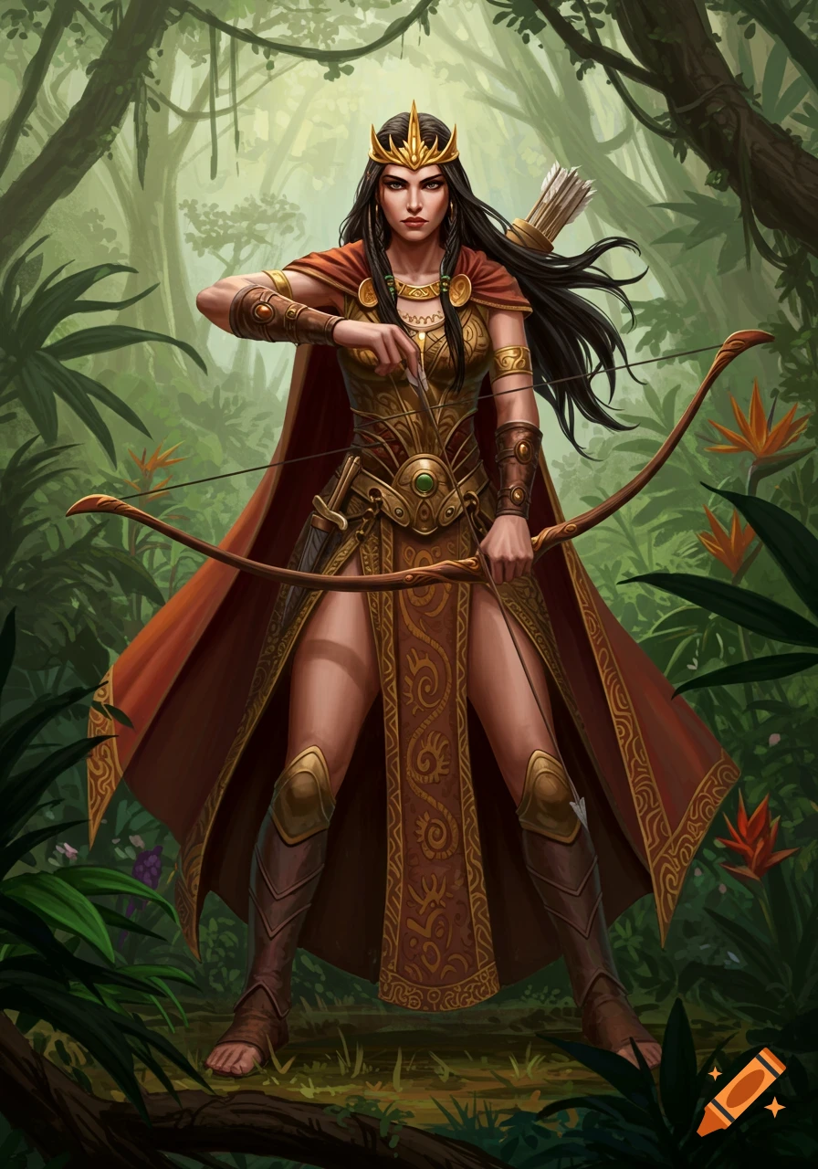Digital art of a regal Amazon queen holding a bow and arrow, standing in a lush, green jungle.