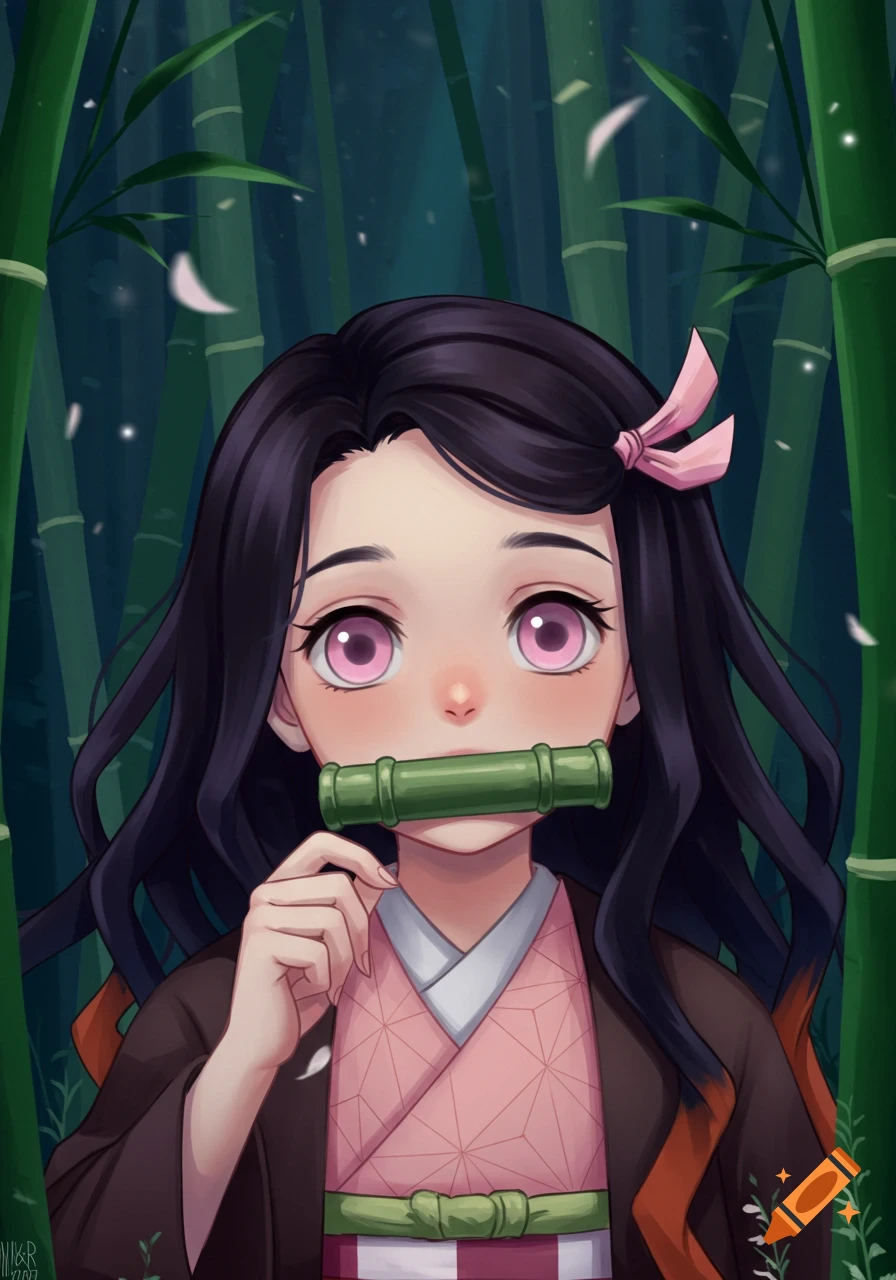 Anime illustration of Nezuko from Demon Slayer in a bamboo forest, holding her bamboo muzzle, with pink eyes and dark hair.