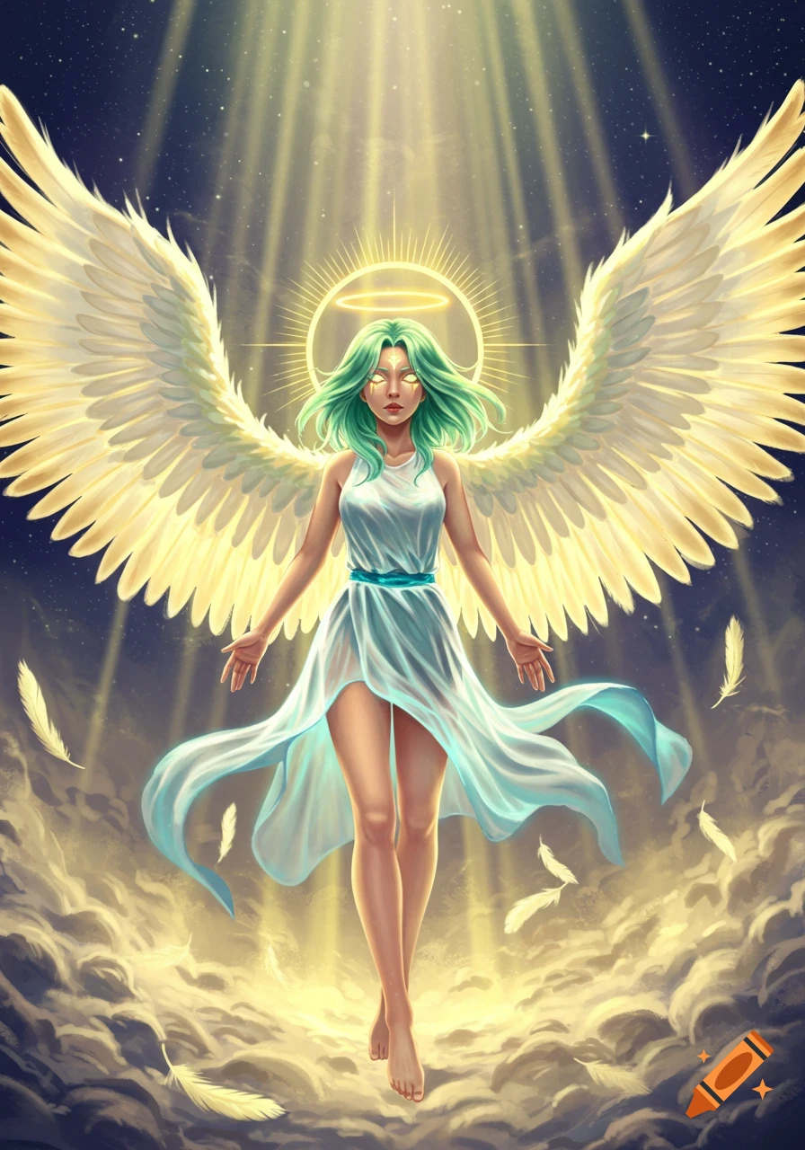 An angelic woman with green hair, large golden wings, and a halo floats amidst clouds and glowing light rays, digital art.