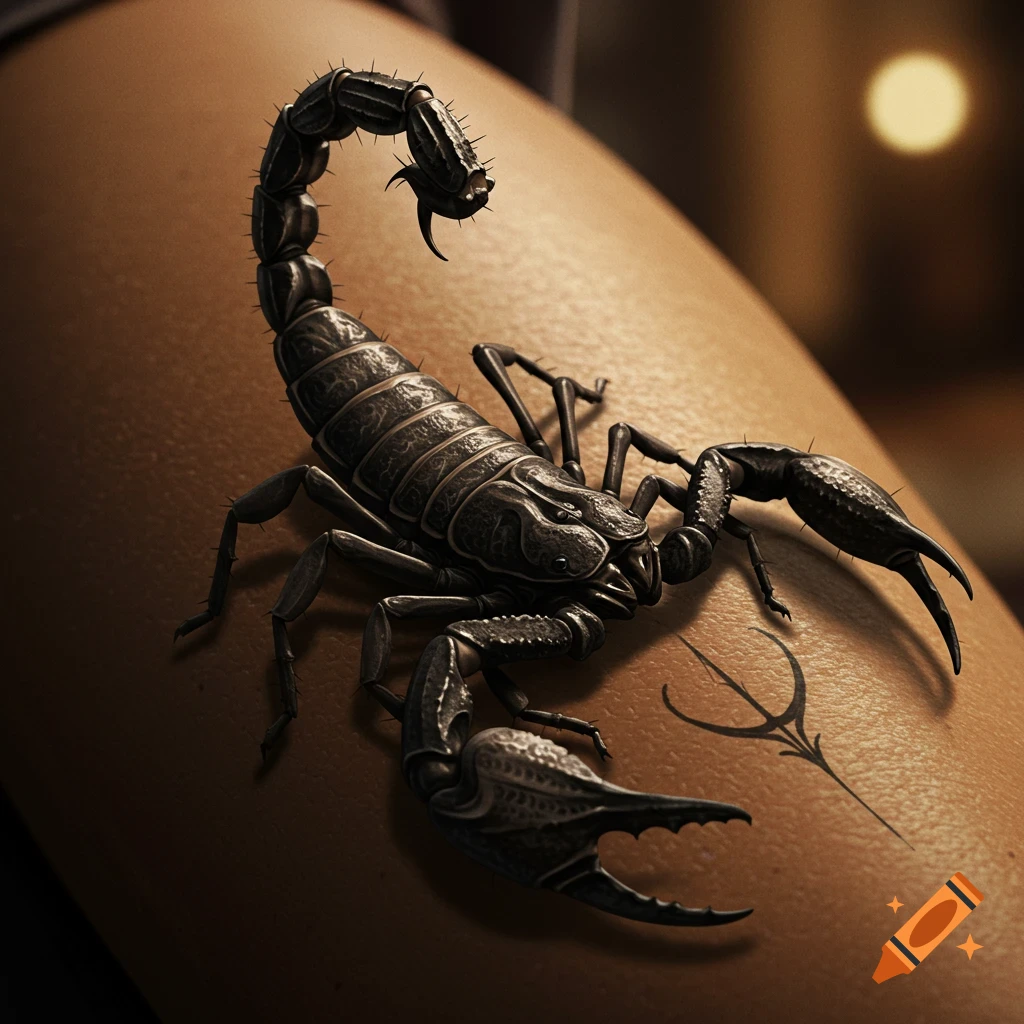 Photorealistic black scorpion tattoo on a person's arm, with a small tribal symbol below it.