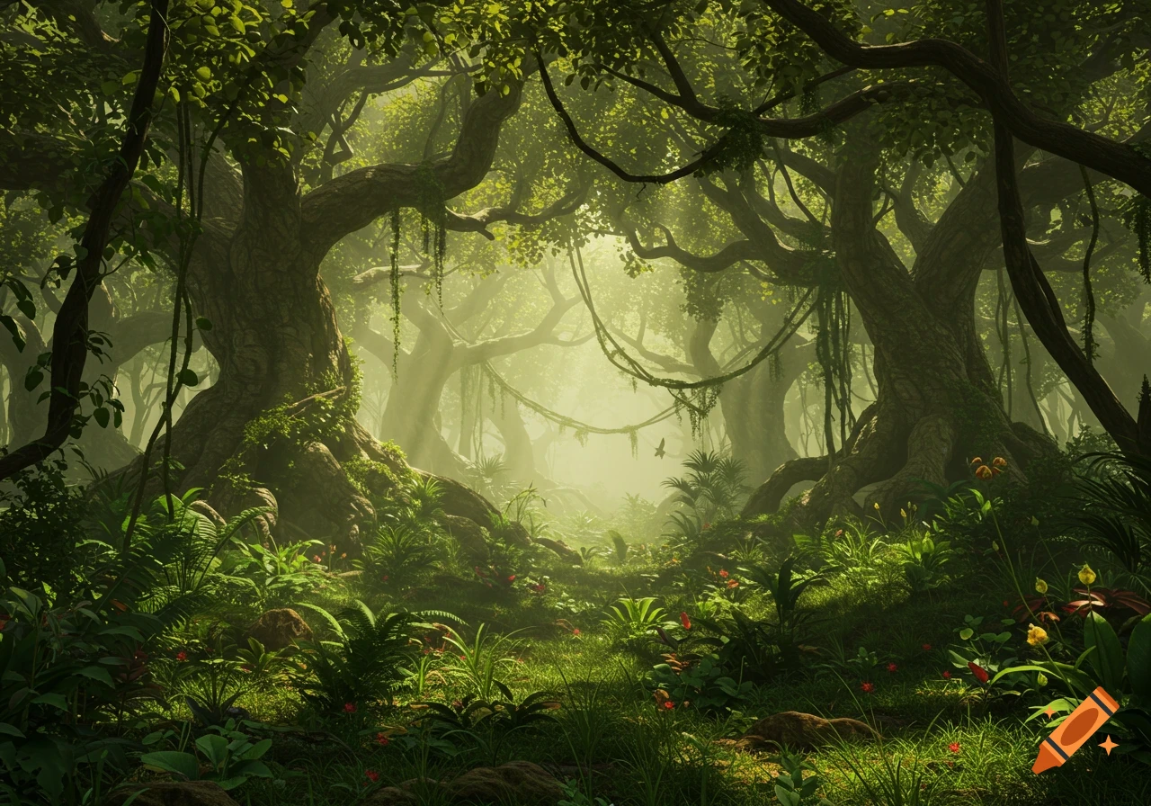 A mysterious, lush jungle landscape rendered in 3D, with sunlight beaming through a dense green canopy.
