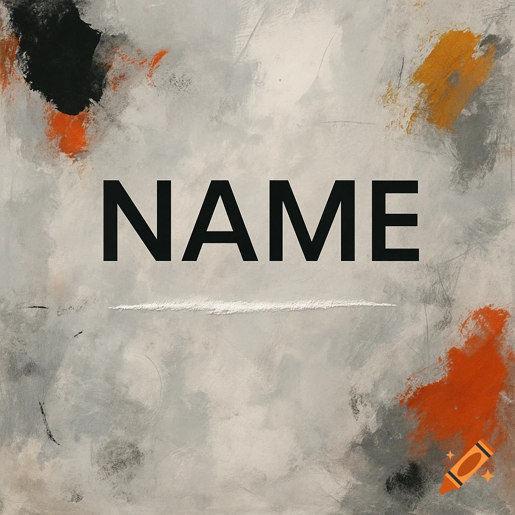 Abstract painting with brushstrokes in gray, white, orange, and black, featuring the bold black word 'NAME' above a thin white line.