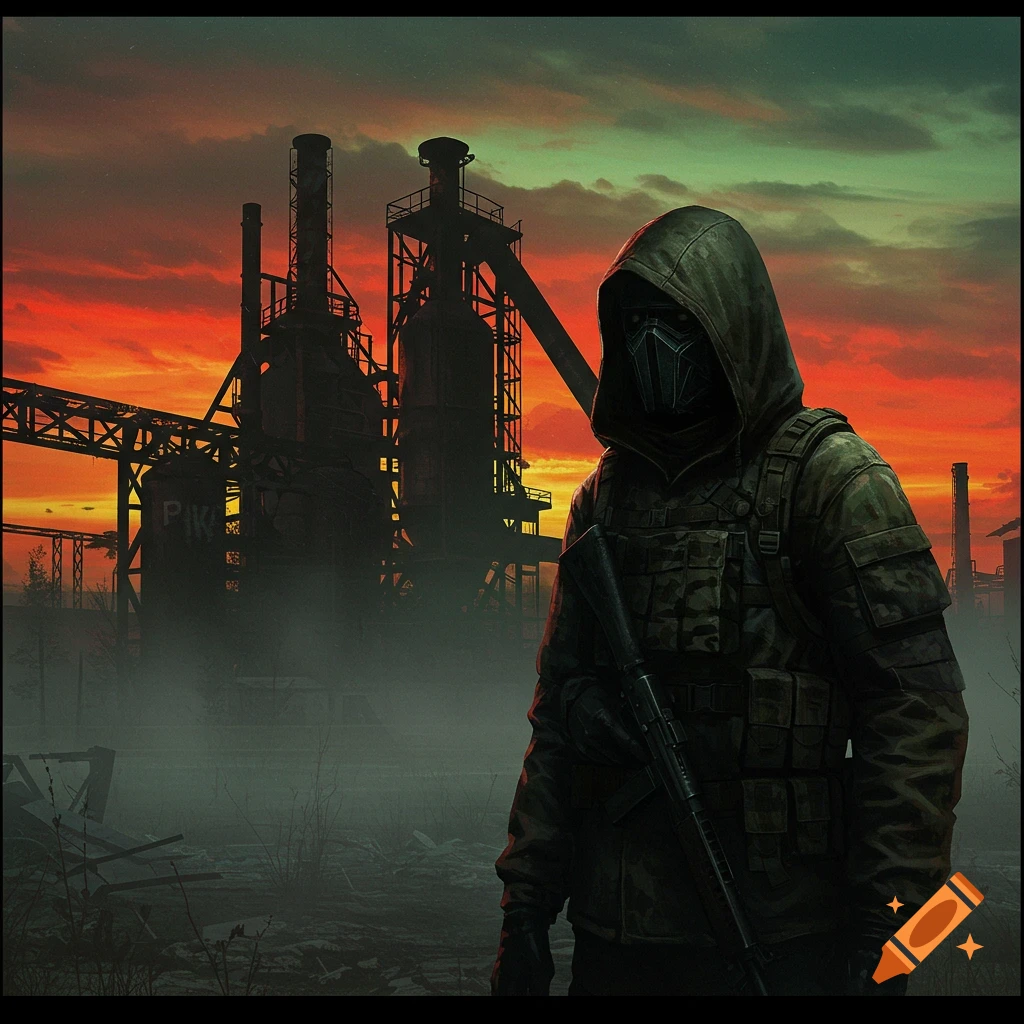 Masked figure in a tactical hooded outfit with a rifle stands in an abandoned industrial complex against a red sunset.