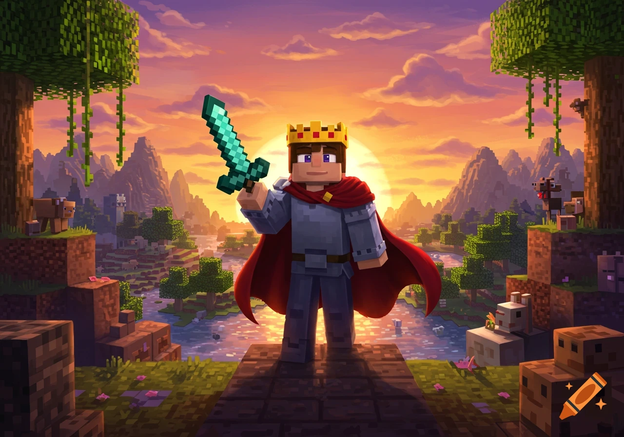 A pixelated king in armor and a red cape holds a diamond sword, standing over a Minecraft-like landscape at sunset.