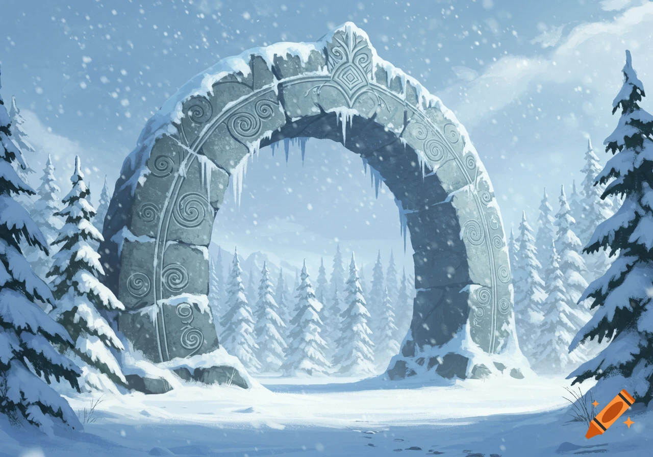 A snowy winter landscape with a large, ornate stone archway covered in snow and icicles, surrounded by evergreen trees.