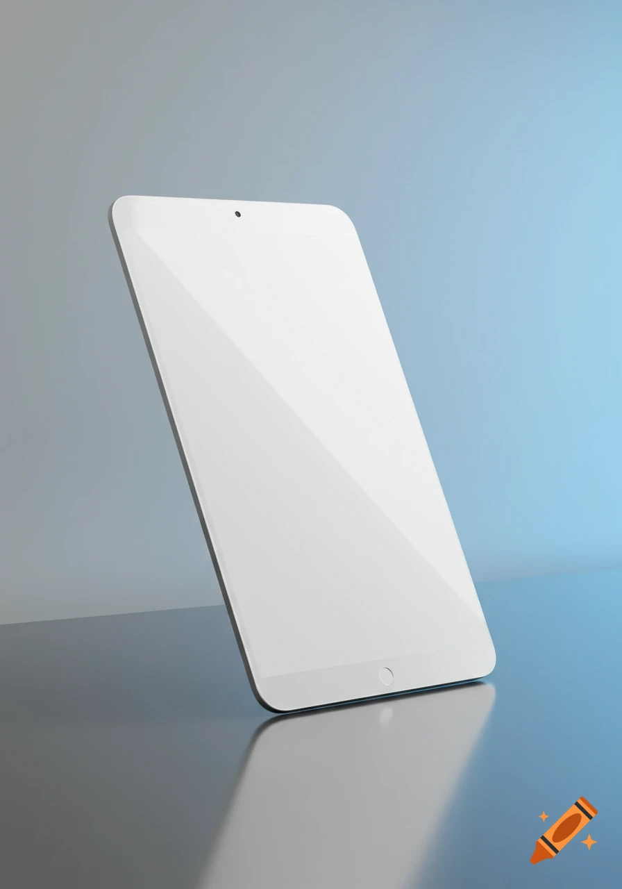 Minimalist white tablet mock up tilted on a reflective surface against a blue background.