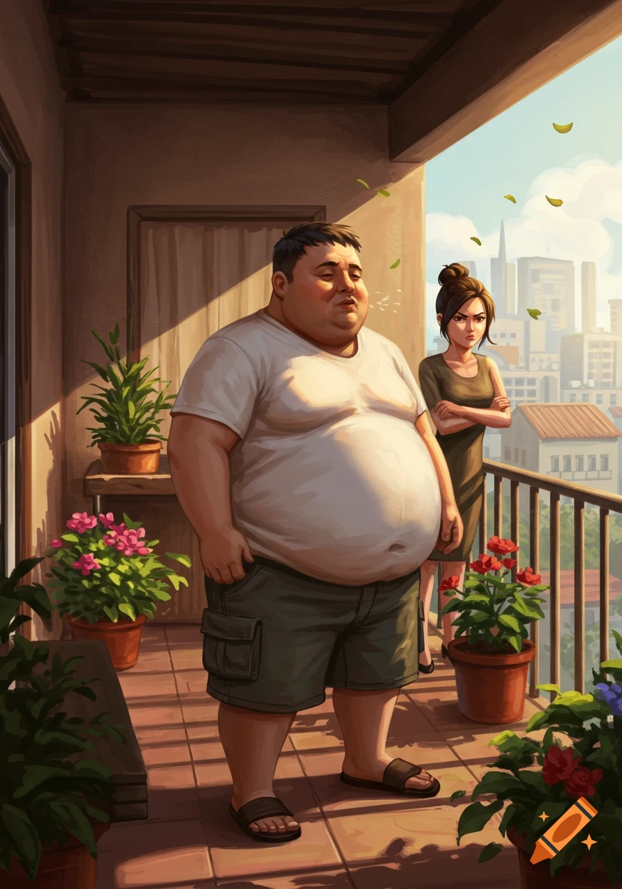 An overweight man burps on a sunny balcony, irritating a woman behind him. Cityscape visible. Illustration.
