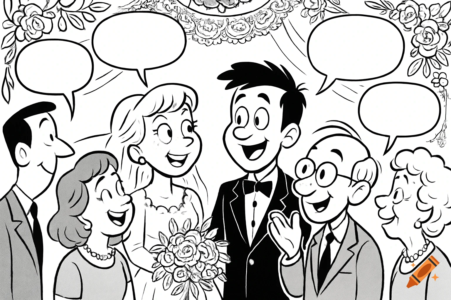 Black and white cartoon line drawing of a wedding scene with a happy bride, groom, and family, featuring empty speech bubbles.