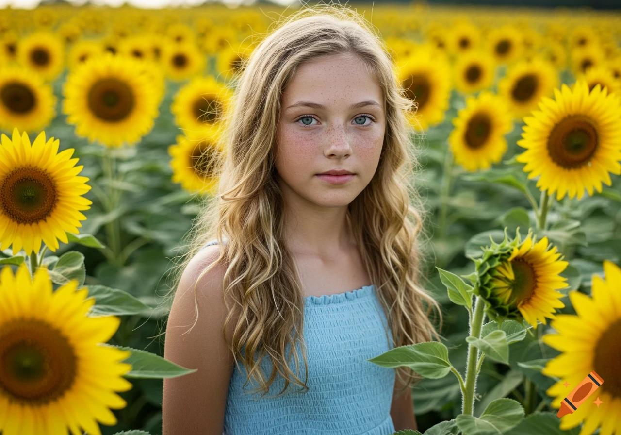 Photorealistic portrait of a young girl with long blonde hair and freckles standing in a bright field of sunflowers.