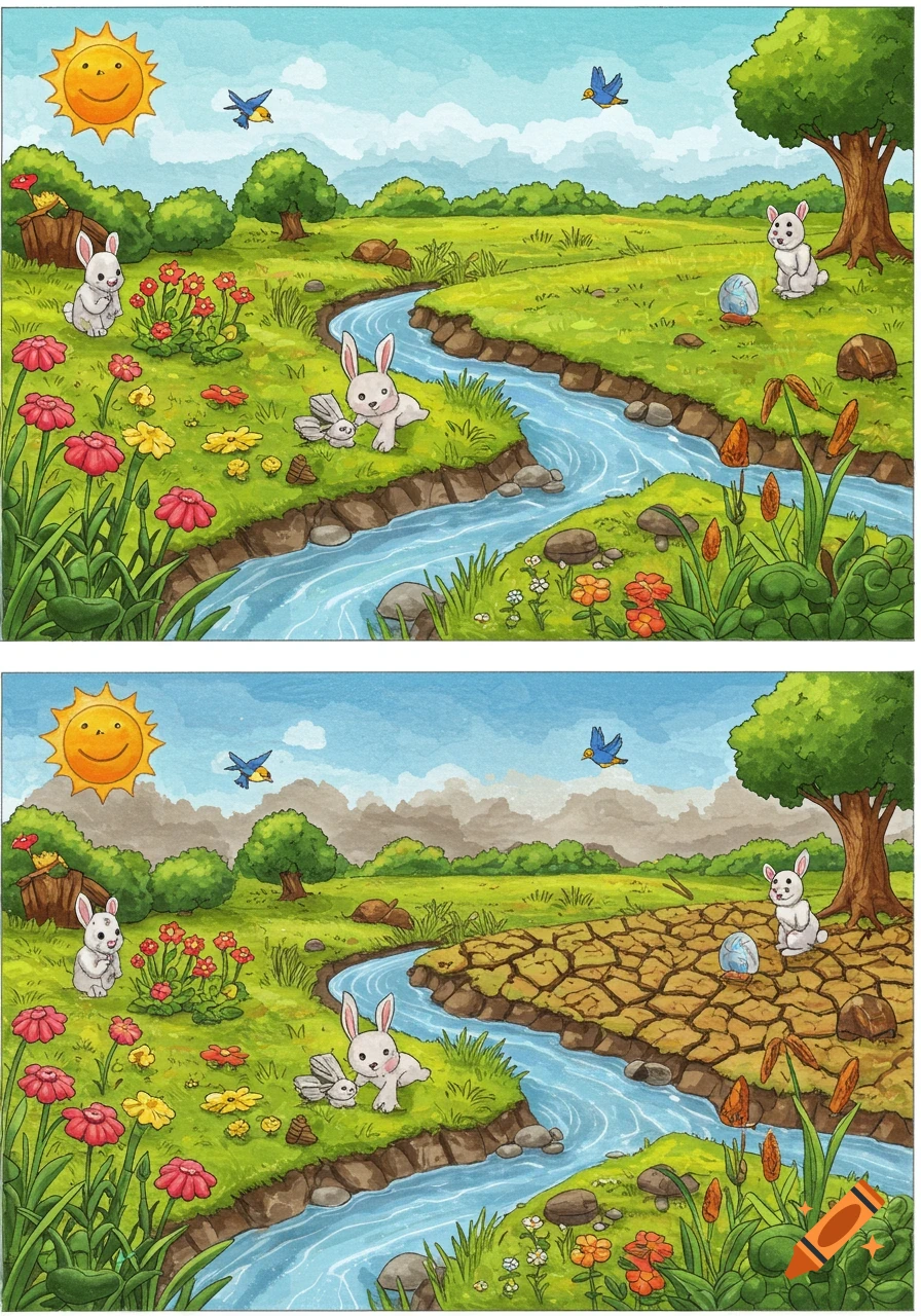 Cartoon spot-the-difference puzzle showing two panels: a lush green landscape with a river and rabbits, contrasted with a dry, cracked landscape.