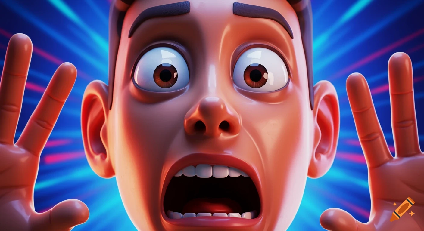 Vibrant cartoon portrait of a man with an exaggerated surprised expression, hands raised, against a blue and pink energetic background.