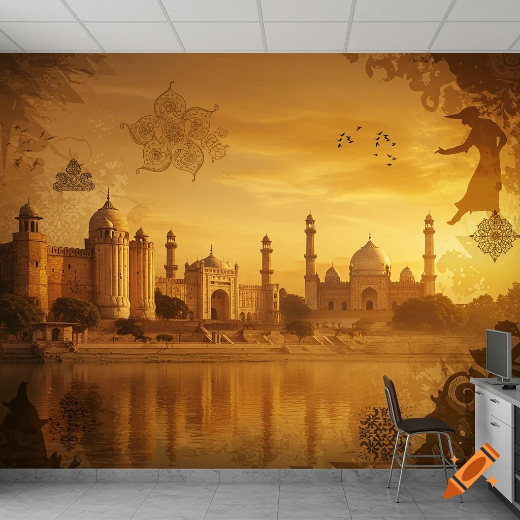 A panoramic mural of grand historical architecture, possibly Mughal, along a river at sunset, with decorative patterns.