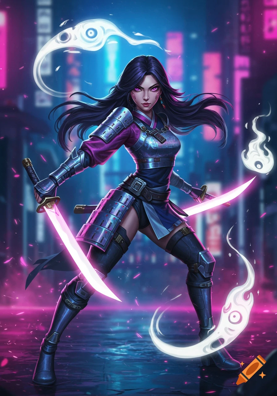 Female warrior in metallic armor with glowing pink swords and spirits, against a neon cyberpunk city.