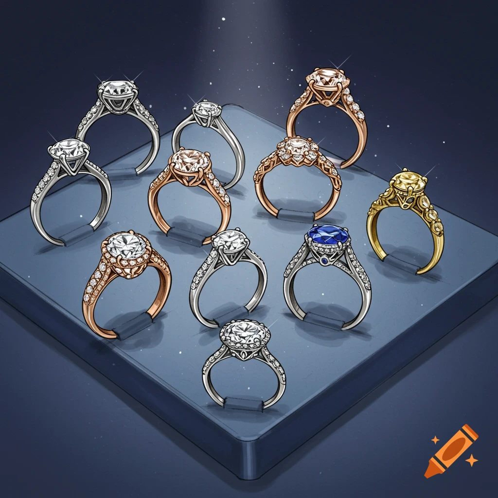 An illustration of several diamond engagement rings in various metal types and designs displayed on a dark blue stand.