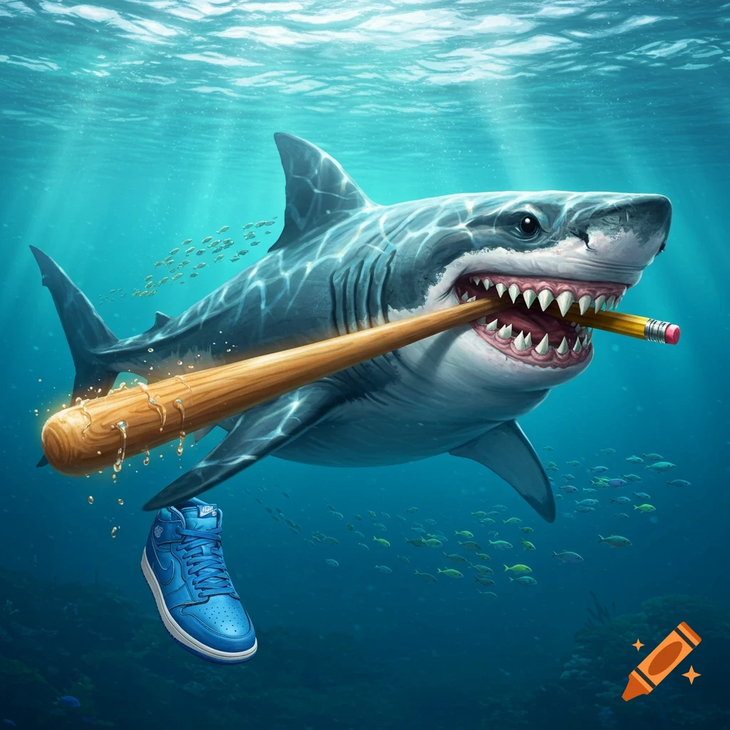 A cartoon shark underwater, holding a wooden baseball bat and pencil in its mouth, with a blue sneaker floating nearby.