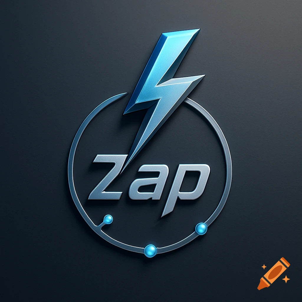 A 3D metallic blue and silver logo featuring a lightning bolt striking through a circle, with the word 'Zap' below, on a dark background.