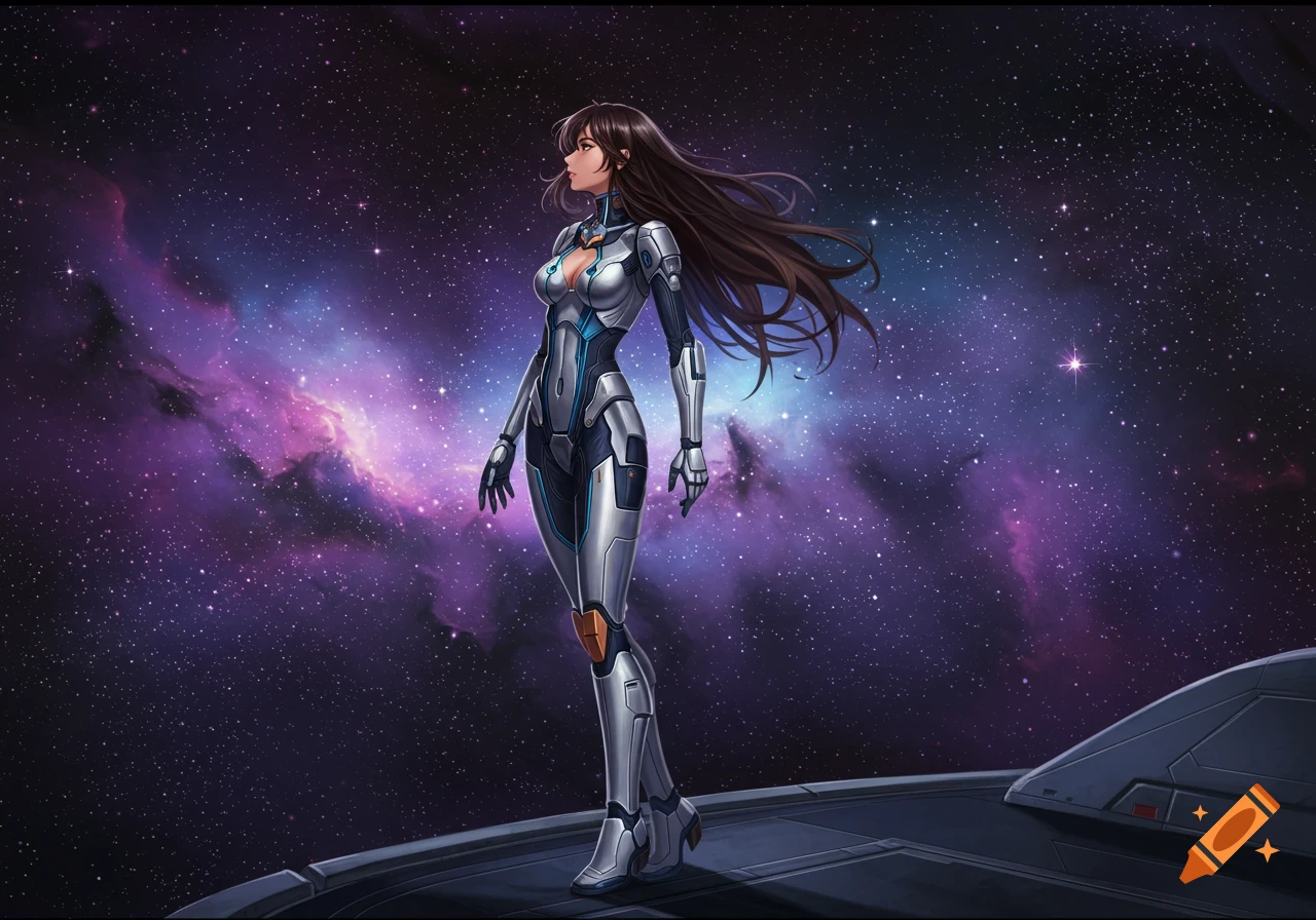 An anime woman with long brown hair stands on a platform in a silver and blue flight suit, looking up at a vibrant purple and blue nebula in space.
