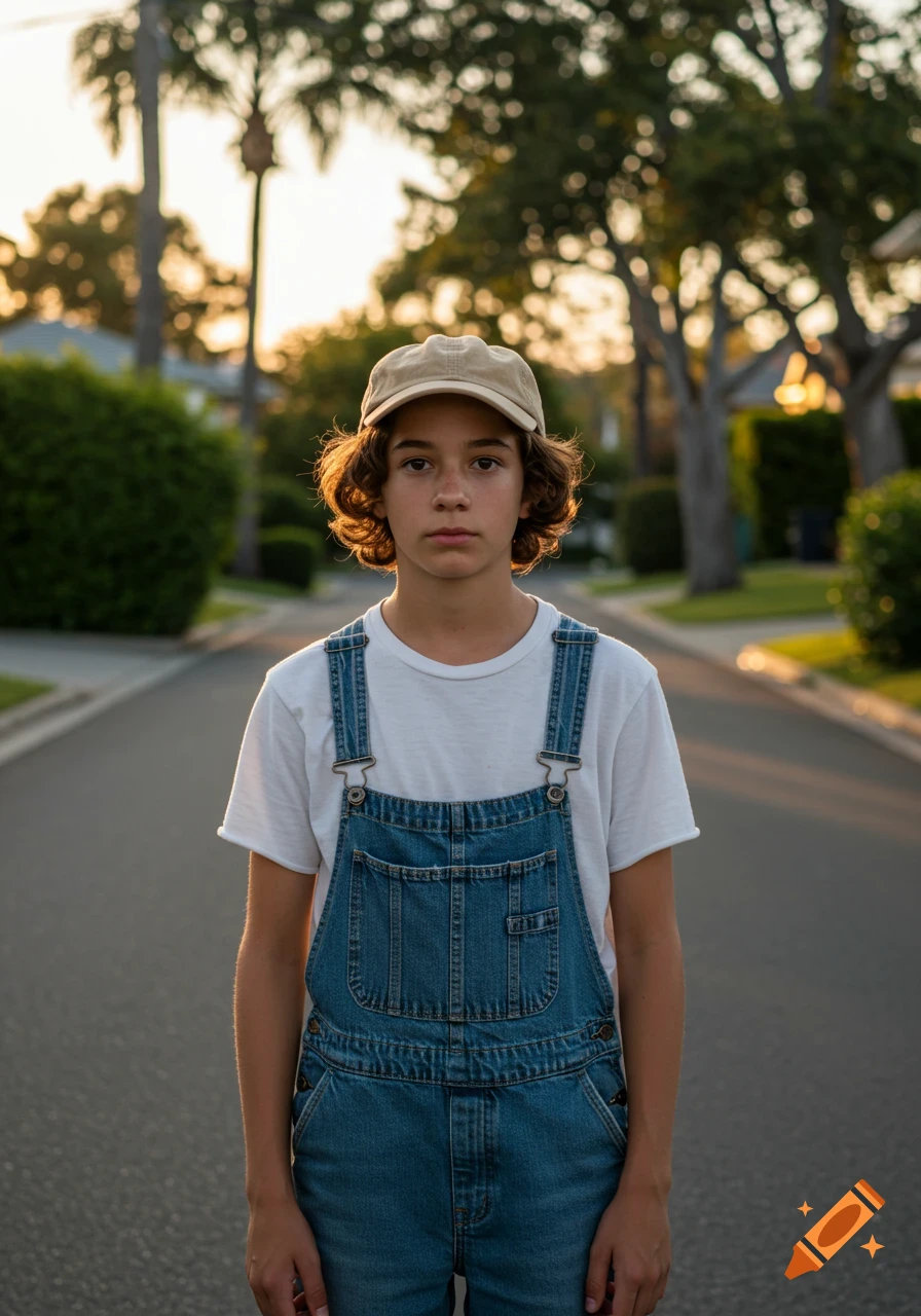 A 13-year-old boy in a white t-shirt, denim overalls, and a beige cap stands on a quiet suburban street at sunset. Photorealistic.
