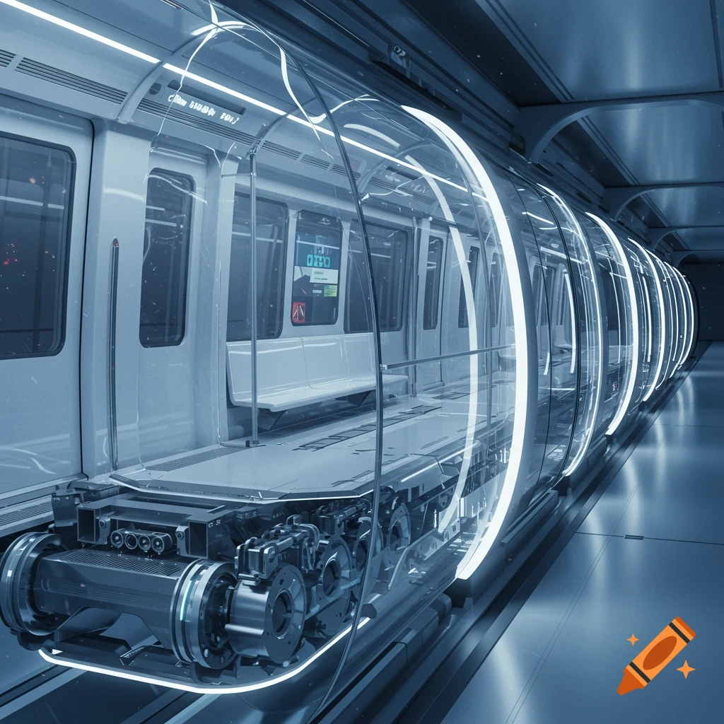 A futuristic transparent train with exposed machinery travels through a sleek, illuminated tunnel.