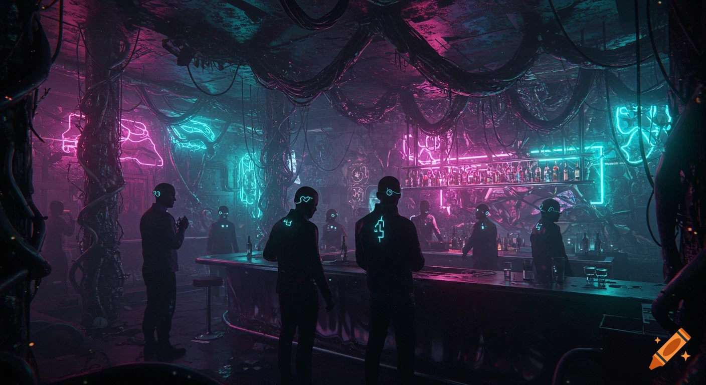 A dark cyberpunk bar with glowing neon lights, shadowy augmented patrons, and tangled wires on the ceiling.