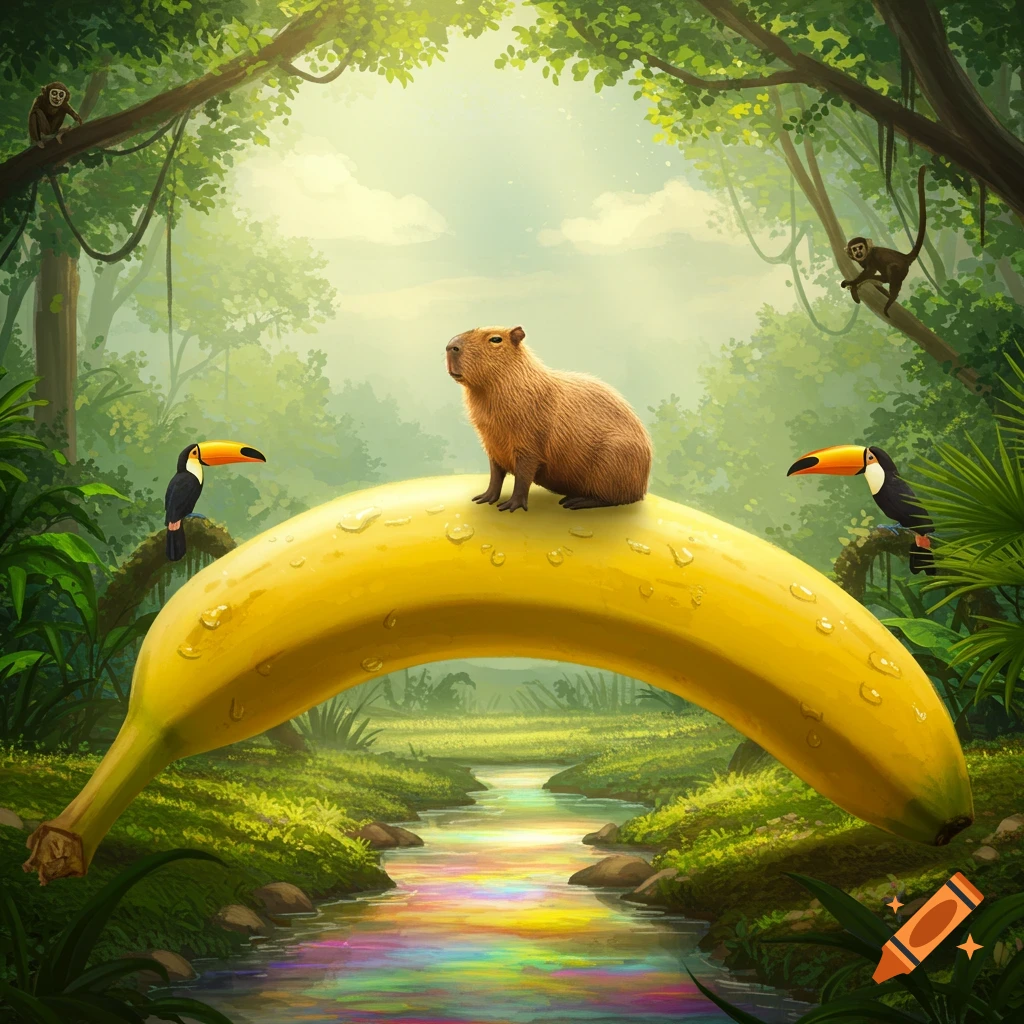 An illustrative image of a capybara sitting on a giant yellow banana that bridges a rainbow-colored stream in a lush jungle with toucans and monkeys.