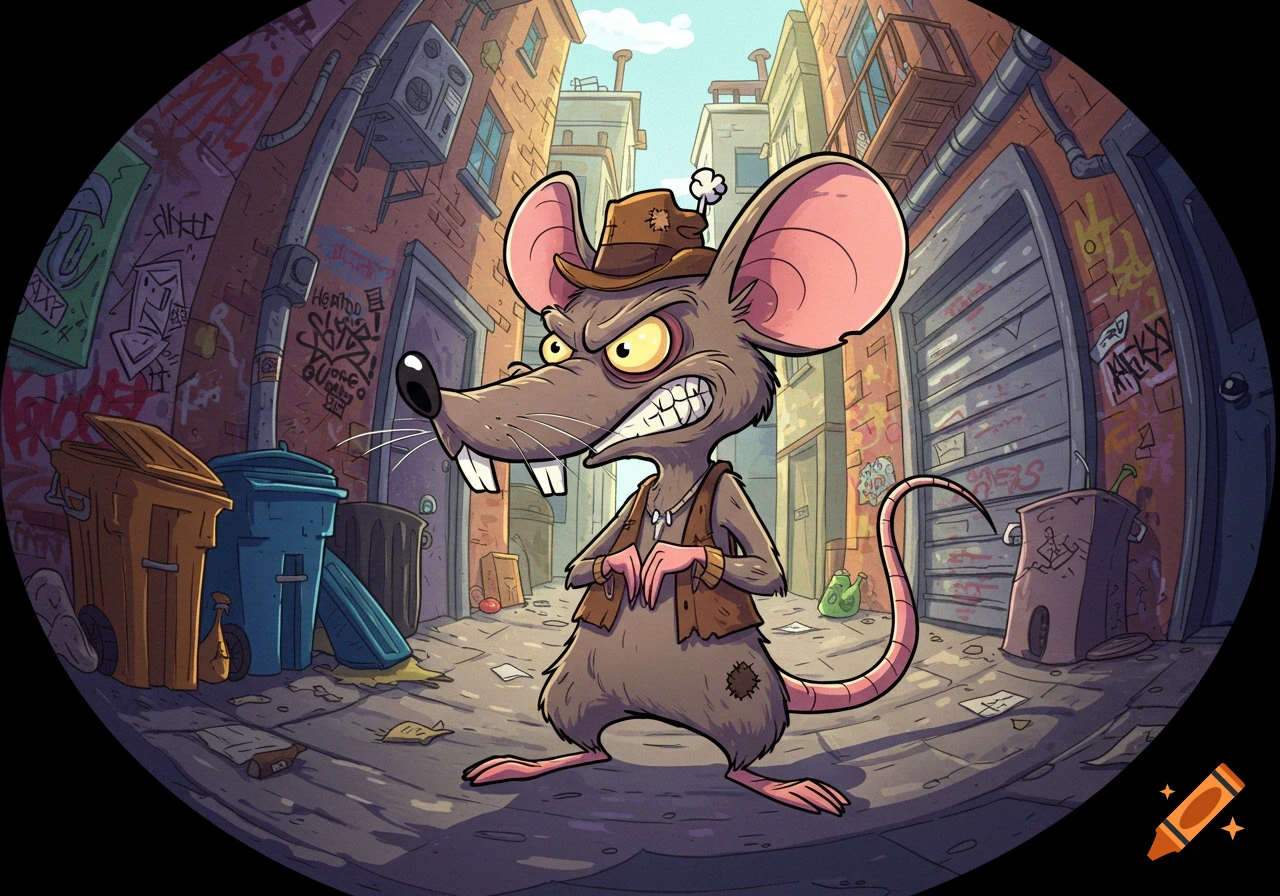 An angry, cartoonish rat wearing a hat and vest stands in a graffiti-covered urban alleyway.