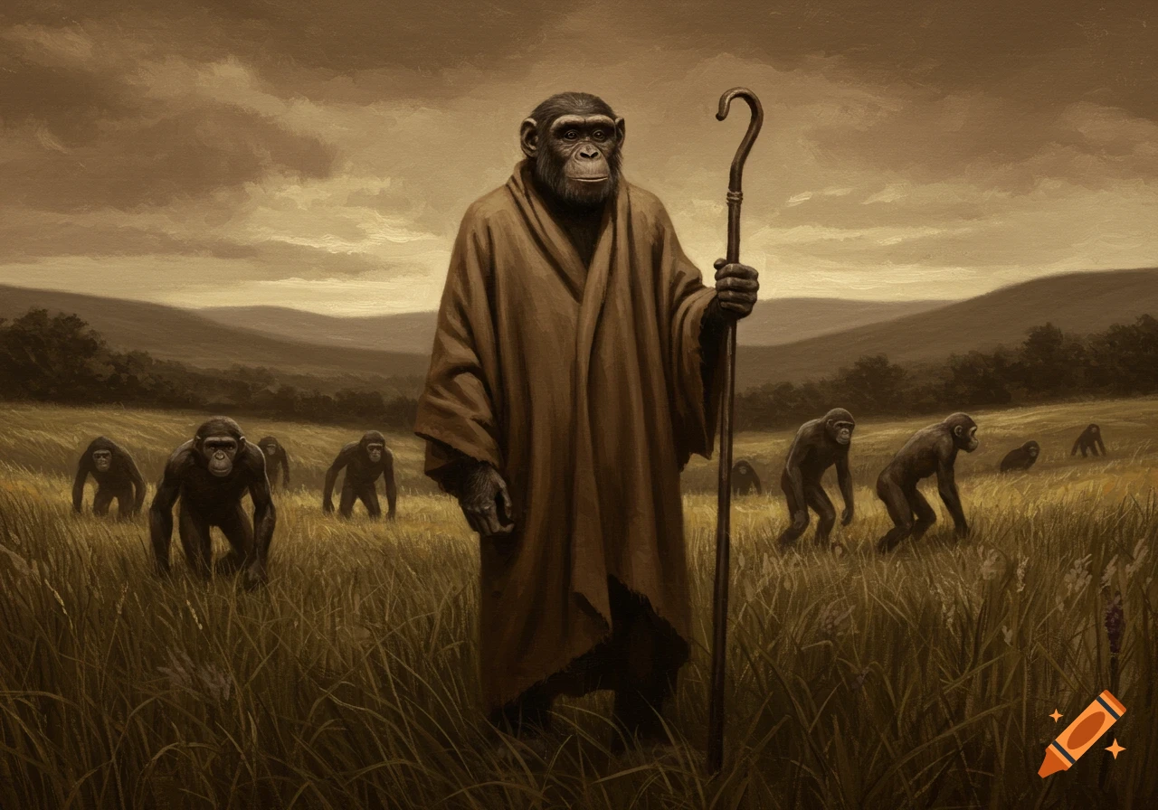 A sepia painting depicts a robed chimpanzee holding a staff, leading others through a grassy field under a cloudy sky.