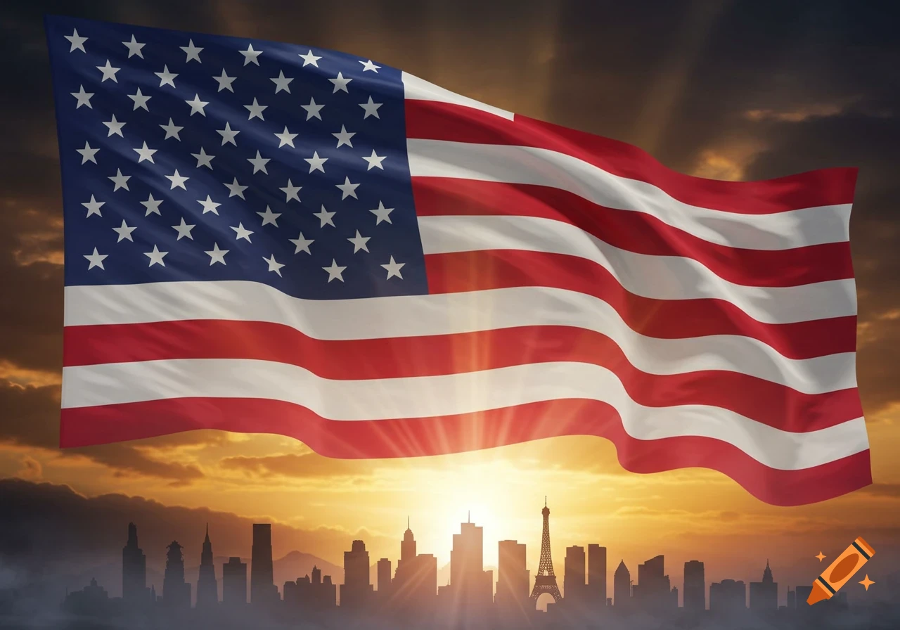 A large American flag waves above a city skyline silhouetted against a vibrant orange and purple sunset.