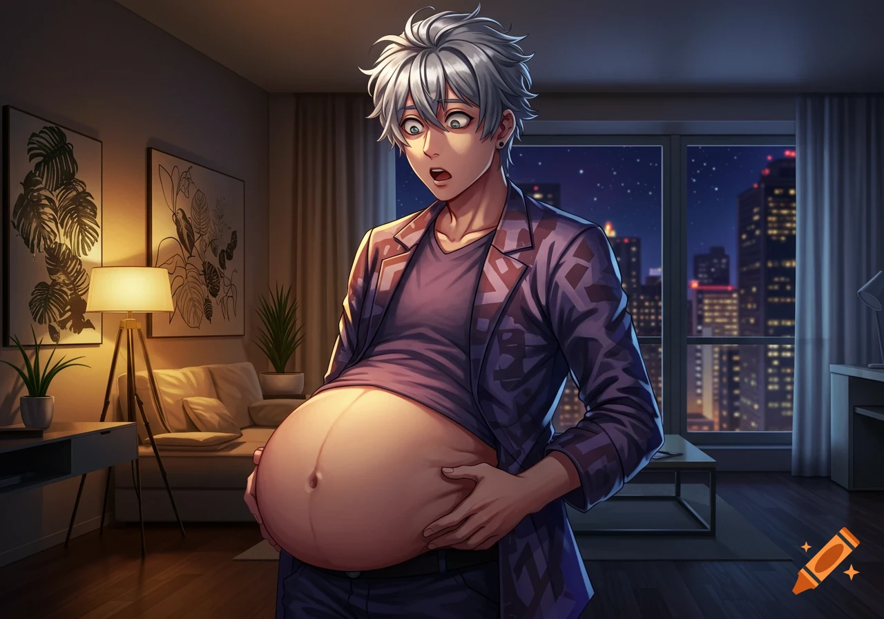 A surprised anime guy in an apartment looks down at his huge, bulging belly at night, with city lights visible outside.
