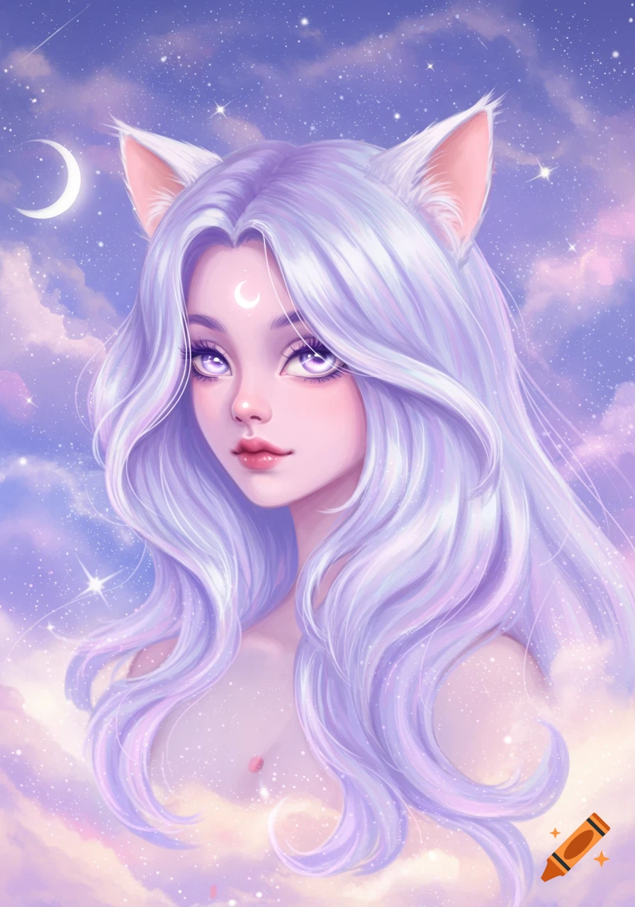 A stylized portrait of a girl with long wavy purple hair, cat ears, and a crescent moon symbol on her forehead, against a dreamy sky with stars and clouds.